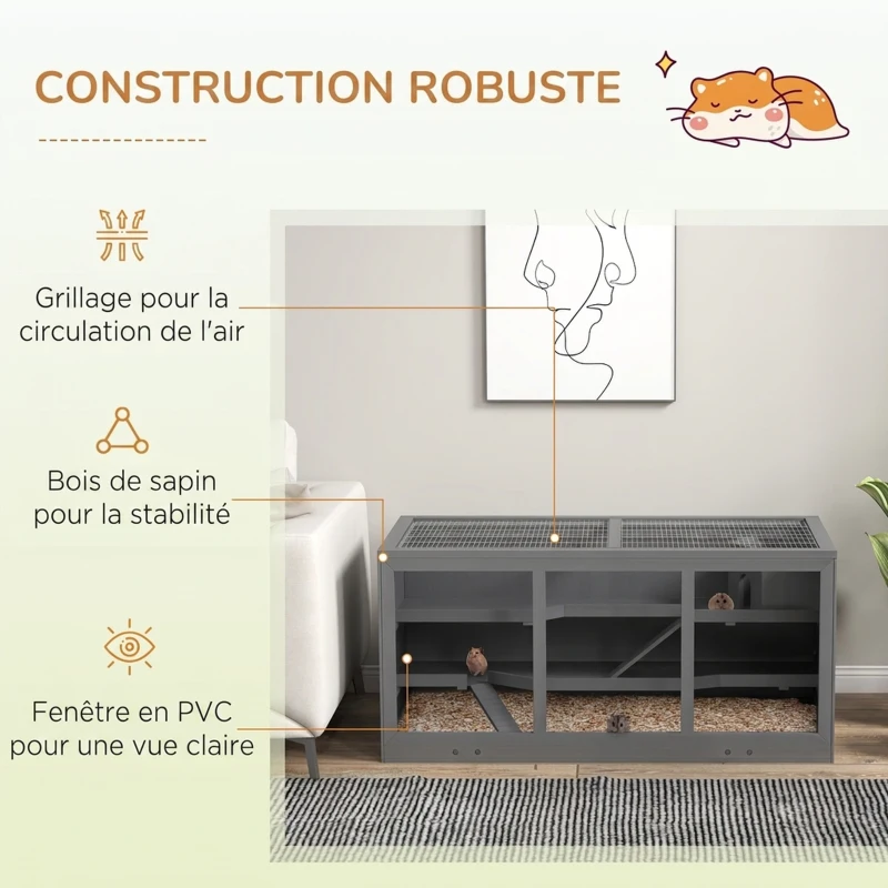 PawHut Cage à hamster cage gerbilles 2 niveaux toit ouvrable fenêtres cabane 2 échelle, 115 x 57 x 55 cm, gris