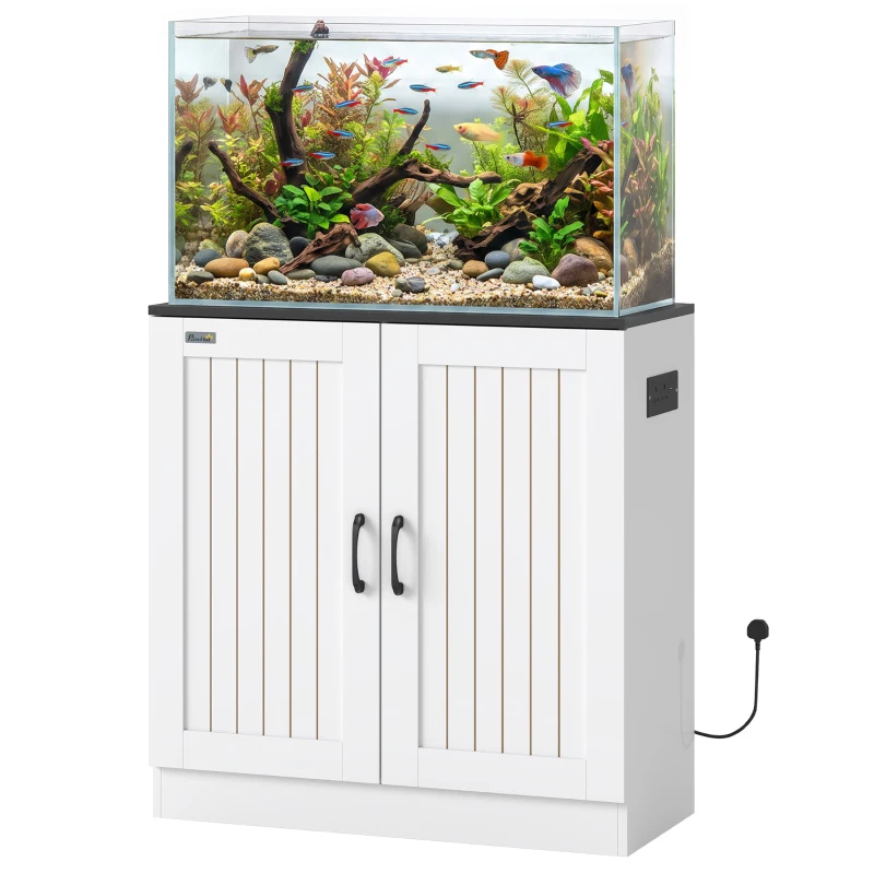 PawHut Fish Tank Stand, 20-29 Gallon Aquarium Stand with Cabinet Storage, Power Outlets and Anti-Tip Kit, White