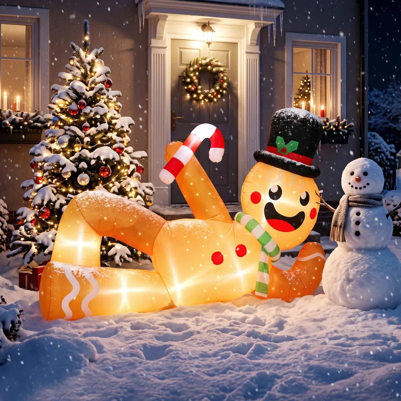 Outsunny 9.8ft Giant Christmas Inflatable Gingerbread Man Side-Lying, Outdoor Blow Up Christmas Decoration with LEDs, Bag