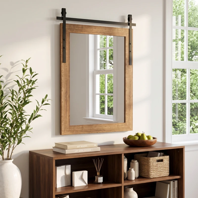 HOMCOM Rechteckiger Wandspiegel dekorativ für Wohnzimmer Hängespiegel 86,5 x 61 cm Hellbraun