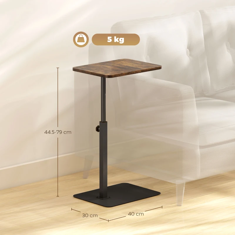 HOMCOM C Shaped Side Table, Small End Table with Adjustable Height and Metal Base for Living Room, Bedroom, Rustic Brown