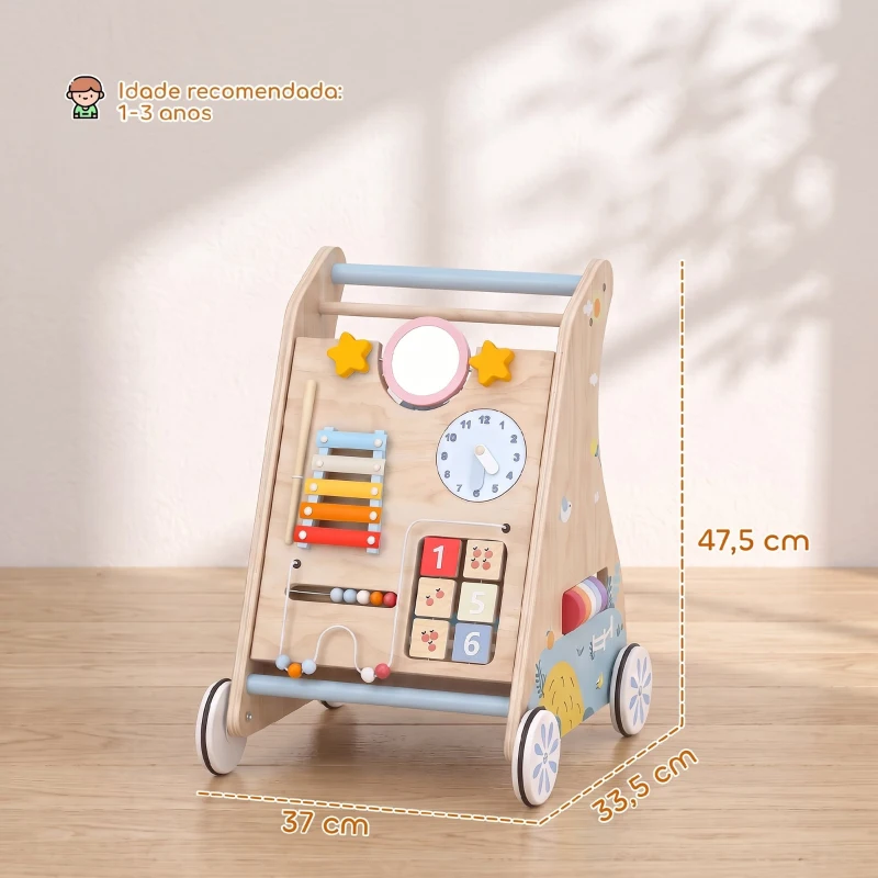 AIYAPLAY Andarilho de Madeira para Bebé 3 em 1 com Brinquedos Montessori, Painel Amovível de Dupla Face, Arrumação e Rodas, 1-3 Anos, Natural