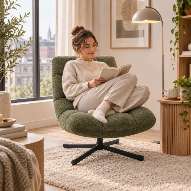 HOMCOM Draaifauteuil loungestoel met brede zitting, waterafstotende chenille-look, gekruiste stalen poten, groen(m-9)