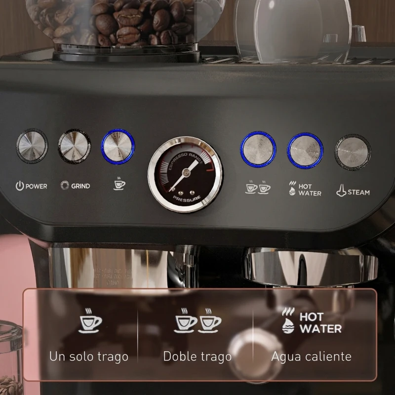 HOMCOM Cafetera Espresso 15 Bares 1600W con Molinillo de 15 Niveles y Vaporizador de Leche para Capuchino y Latte Negro
