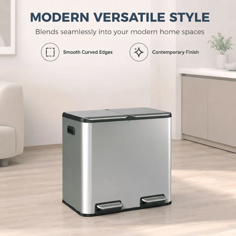 HOMCOM 2 x 20L Double Kitchen Bin, Stainless Steel Pedal Rubbish Bin with Dual Compartments, Soft Close Lids, Silver Tone