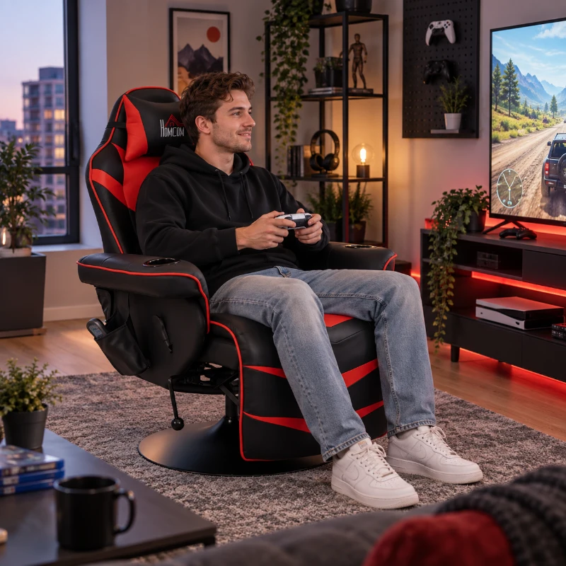 HOMCOM Gaming-stoel met massagefunctie, inclusief voetensteun, ligfunctie, rood + zwart.(m-8)