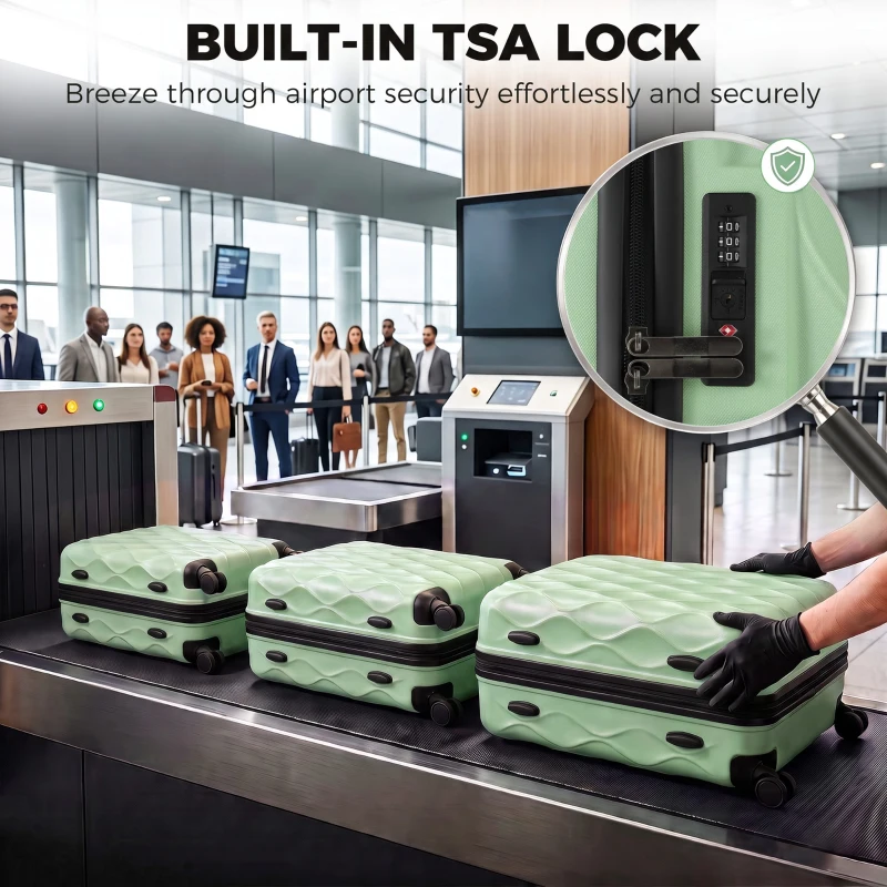 HOMCOM 3-Piece Suitcase Set, Hard Shell Carry On & Checked Luggage Set with TSA Lock, 20/24/28 Inch, Green