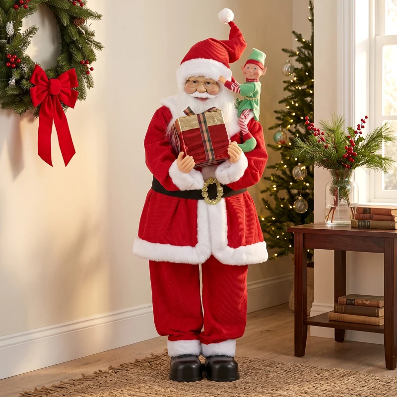 HOMCOM 4ft Singing Dancing Santa Claus, Standing Christmas Animated Santa Figure with Elf, Gift Box, Sound/Touch Activated