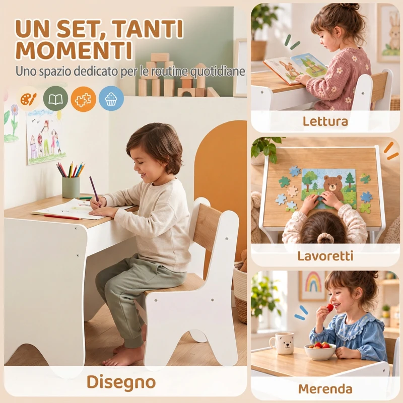 AIYAPLAY Set Tavolo Bambini con Sedia, Cassetto, 3-8 Anni, Bordi Arrotondati, per Cameretta, Soggiorno, Asilo, Bianco