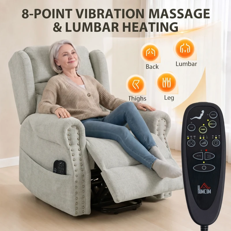 HOMCOM Riser Recliner Chair with Massage and Heat, Chenille Electric Power Lift Recliner Chair for Elderly, Light Grey