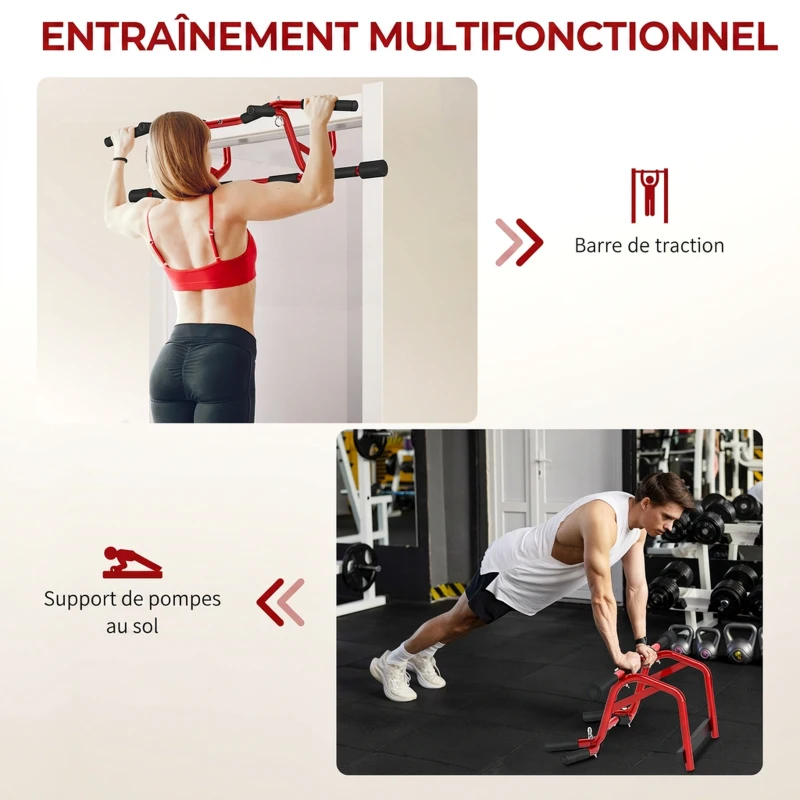 SPORTNOW Barre de Traction Porte et Pompes au Sol Sans Perçage Pull Up Bar 2 en 1 150 kg Sécurité Anti-Chute 96x45x27cm Rouge