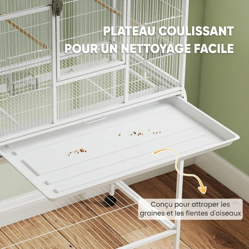 PawHut Cage à Oiseaux Portable avec 4 Mangeoires et 4 Perchoirs Pratique 81 x 48 x 162,5 cm Blanc