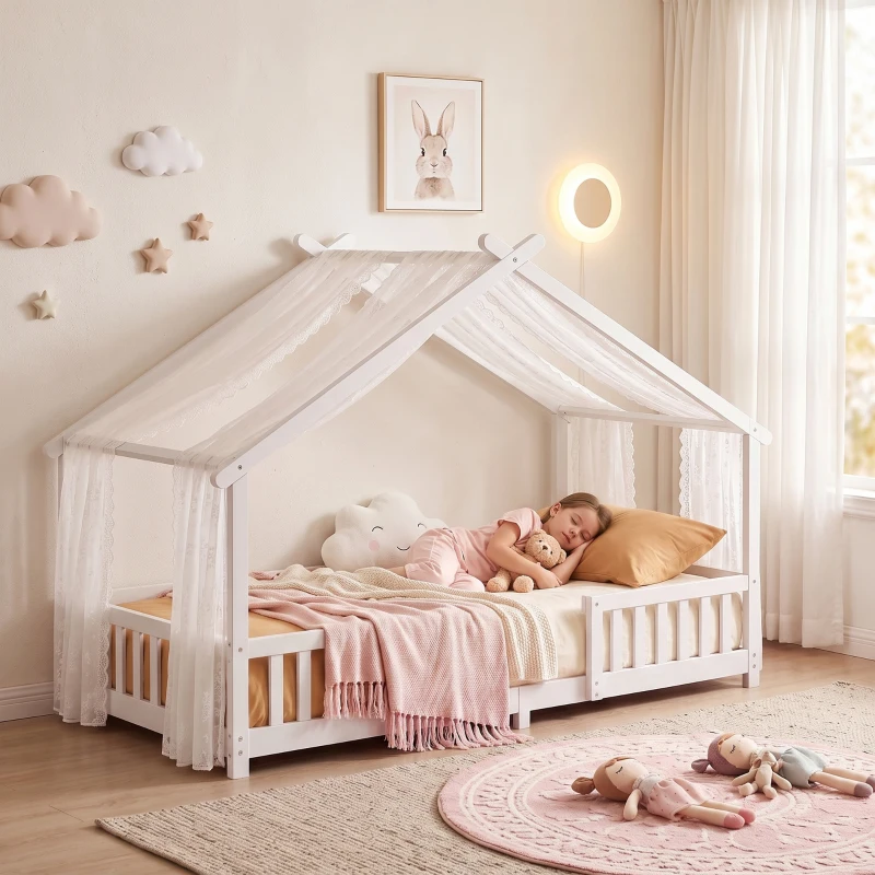 AIYAPLAY Wooden Kids House Single Bed Frame, Solid Pine Wood Toddler Bed with Dual Guardrails for Children, Boys, Girls, White