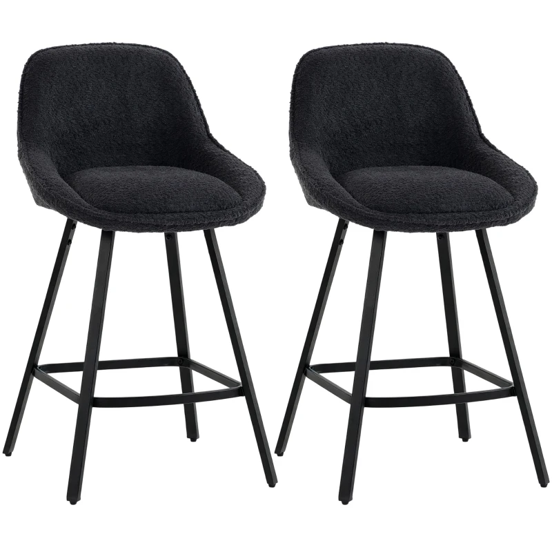 HOMCOM Bar Stools Set of 2, 64 cm Modern Linen-Touch Fabric 360° Swivel Counter Height Bar Chairs, Black
