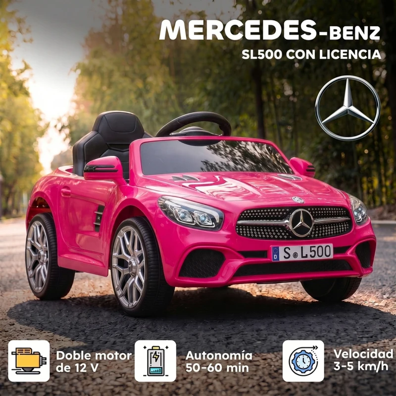 AIYAPLAY Coche Eléctrico para Niños Mercedes-Benz SL500 12V con Mando a Distancia 2,4 G 2 Motores Suspensión Arranque Suave Rosa