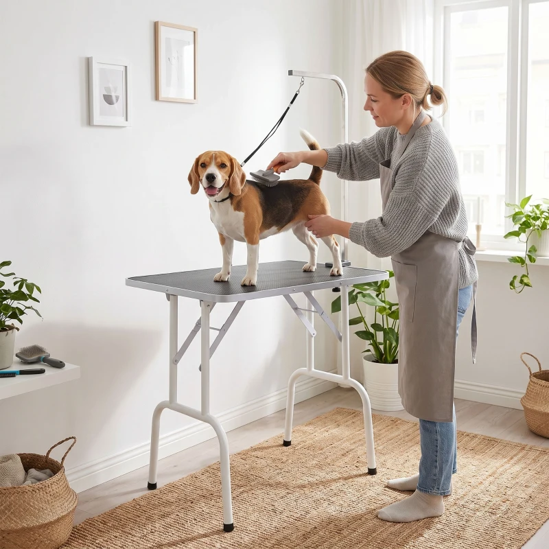 PawHut 32" Foldable Dog Grooming Table Pet Drying Beauty Table Adjustable Fixed Arm Rubber Top, Black