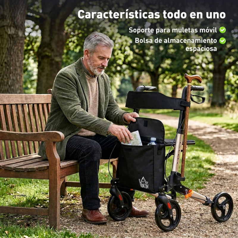 HOMCOM Andador para Ancianos Plegable de Aluminio con Asiento 4 Ruedas Altura Ajustable Frenos de Maneta Dorado y Negro