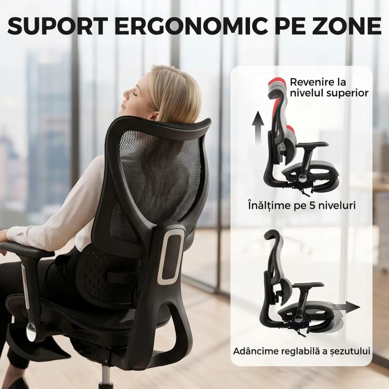 HOMCOM Scaun de birou ergonomic cu suport pentru picioare și mesh respirabil, negru