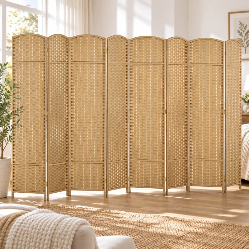 HOMCOM 8-teiliger Raumtrenner, Faltbarer Sichtschutz, Sichtschutzwand für Wohnzimmer, Schlafzimmer, Homeoffice, Natur