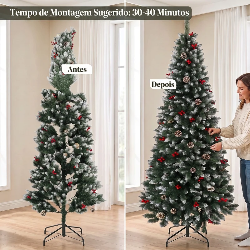 HOMCOM Árvore de Natal Nevada Tipo Lápis 210 cm Estreita com Bagas Vermelhas, Pinhas e 818 Pontas Verde