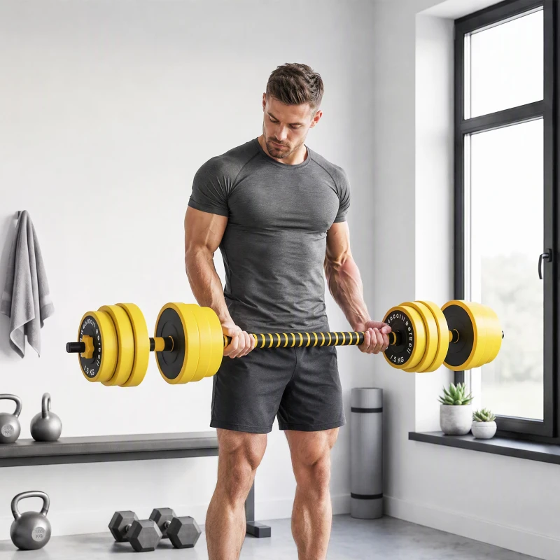 HOMCOM Ensemble d'haltères courtes ou longues 20 Kg - barre d'extension incluse - musculation réglable - entraînement musculaire & haltérophilie
