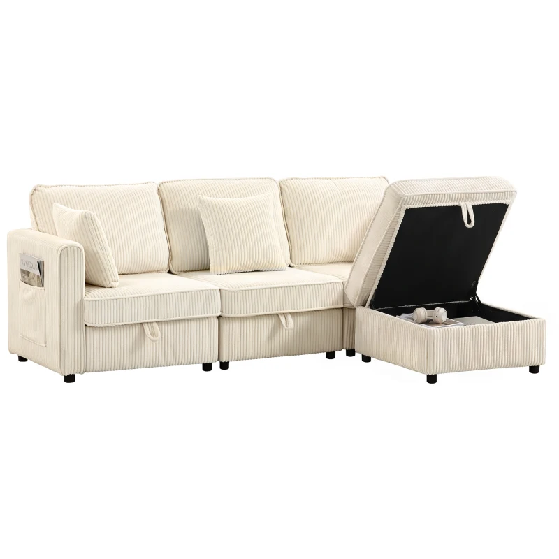 HOMCOM 3‑Sitzer‑Chaise‑Longue mit Stauraum und umkehrbarer Ottomane aus Cordstoff 235x153x85 cm Cremeweiß