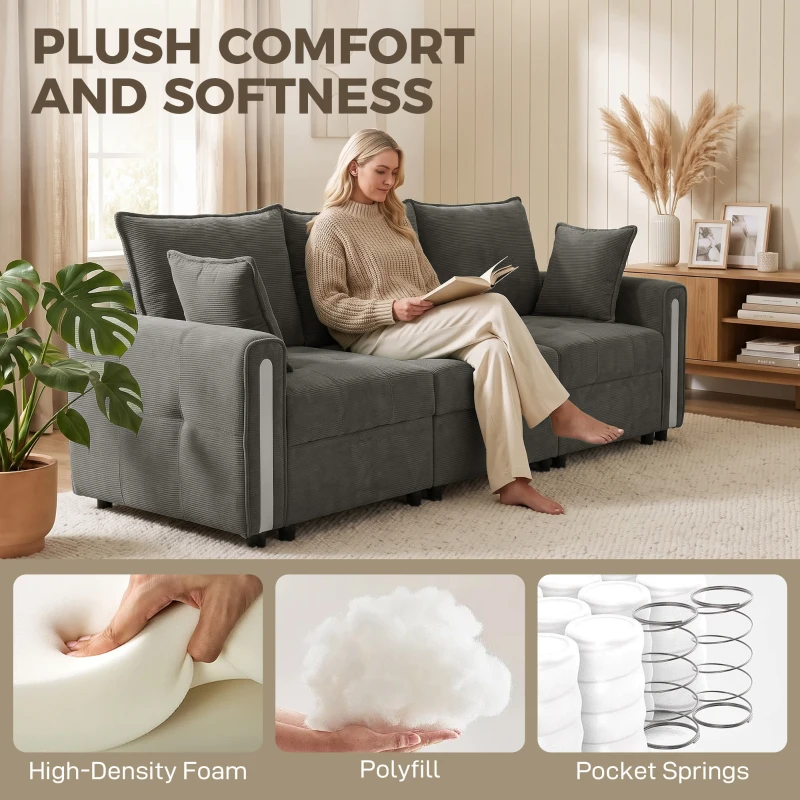 HOMCOM 3 Seater Sofa with Lift-Up Storage, 228cm Comfy Velvet Couch with Wide Deep Seat, Dark Grey