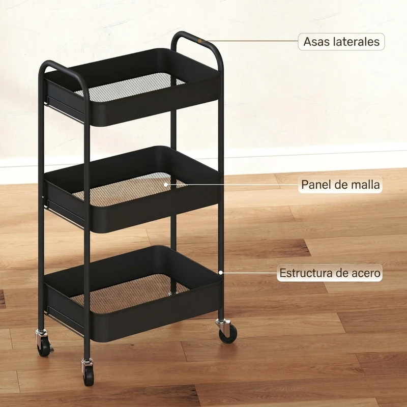 HOMCOM Carrito Auxiliar con Ruedas de 3 Niveles Carrito de Cocina con 3 Cestas y 2 Asas 45x30,6x79 cm Negro