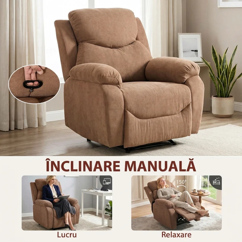 HOMCOM Fotoliu Reclinabil Manual cu Material cu Aspect de In, Suport pentru Picioare și Cotiere Căptușite, Maro Închis