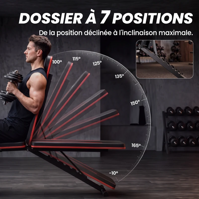 SPORTNOW Banc de Musculation Réglable Pliable Bandes de Résistance Développé Couché Inclinable Déclinable 128x42,5x115cm noir
