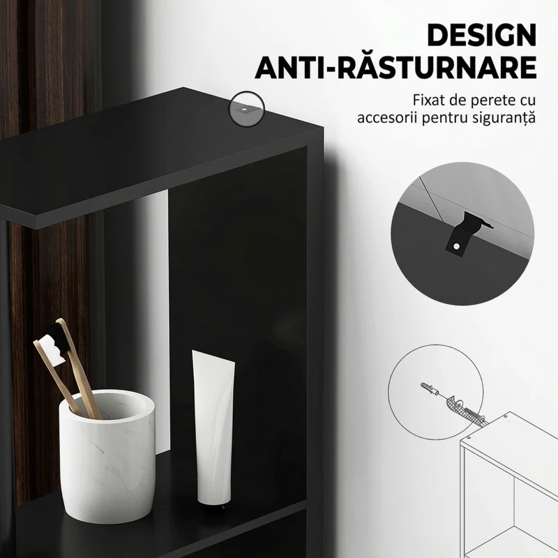 kleankin Coloană pentru baie cu 2 rafturi și 2 dulapuri, mobilier înalt și compact pentru baie, 15,2x29,8x118 cm, negru