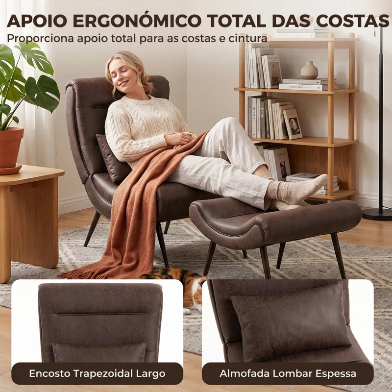 HOMCOM Poltrona retro com apoio para os pés, revestimento em leathaire, assento largo e almofada lombar, castanho-escuro