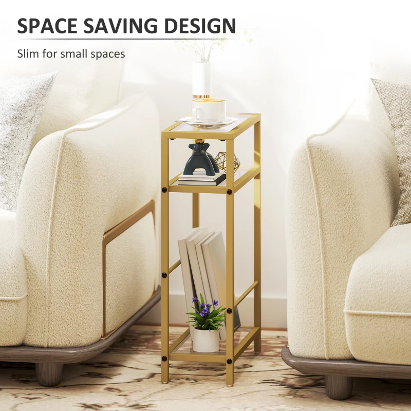 HOMCOM 3-Tier Side Table, Narrow End Table with Storage Shelf and Tempered Glass Tabletop for Small Spaces, Bedroom, Living Room, Entryway, Gold Tone
