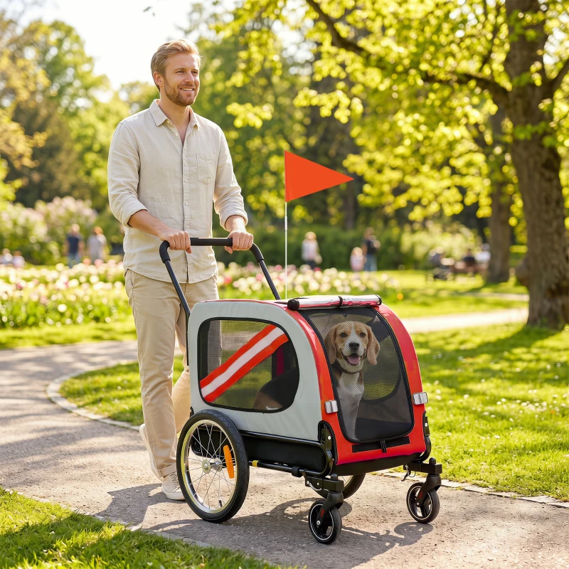 PawHut 2-In-1 Dog Bike Trailer Pet Stroller with Universal Wheel Reflector Flag Red