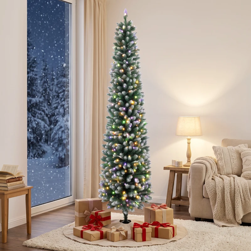 HOMCOM Árvore de Natal Estreita Pré-iluminada 180 cm, LEDs de Dupla Cor, Efeito Nevado, Comando, 11 Modos, 351 Pontas, 170 LEDs, Verde/Branco