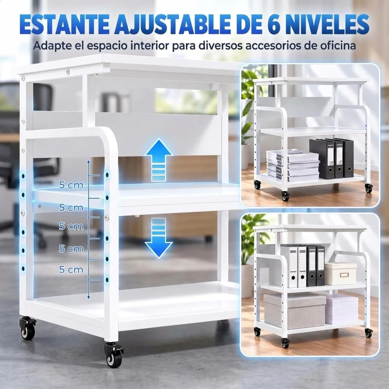 HOMCOM Soporte para Impresora con Ruedas 3 Niveles y Estante Ajustable 60x50x68 cmBlanco