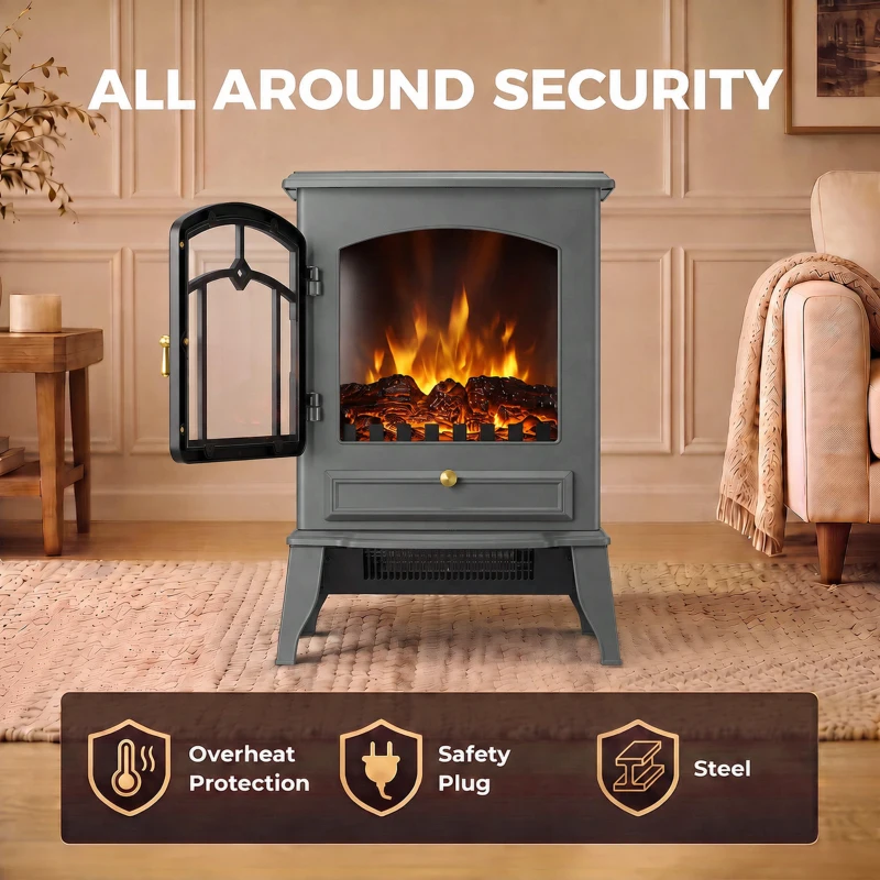 HOMCOM Electric Fireplace Stove, 1000/2000W 3-Sided Freestanding Fireplace Heater with 3D Flame Log, Thermostat, Grey