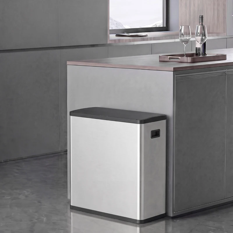 HOMCOM Poubelle de Cuisine Automatique 60 L, Poubelle à Double Compartiment, Capteur de Mouvement, Seaux Amovibles, Argent