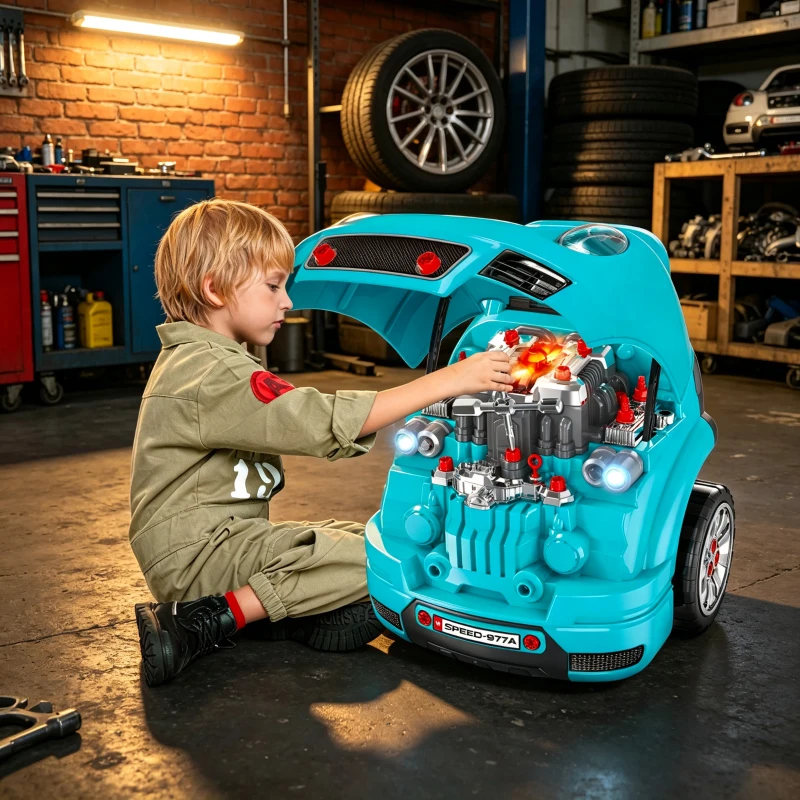 HOMCOM Kids Truck Engine Toy Set, with Horn, Light, Car Key, for Ages 3-5 Years - Teal