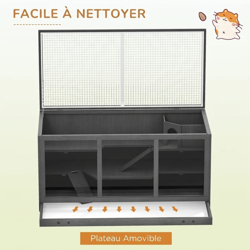 PawHut Cage à hamster cage gerbilles 2 niveaux toit ouvrable fenêtres cabane 2 échelle, 115 x 57 x 55 cm, gris