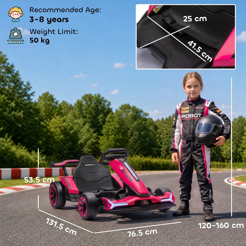 AIYAPLAY 24V Electric Go Kart for Kids 6-12 Years with Drift Mode, Adjustable Seat, 3 Speed, Slow Start, Pink