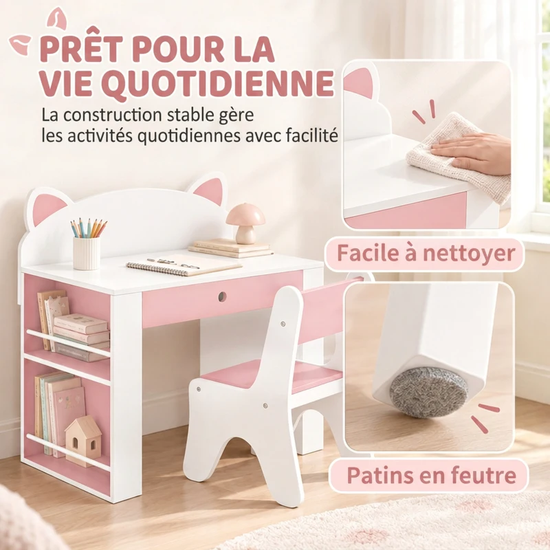AIYAPLAY Bureau et Chaise pour Enfant 2 Pièces, Ensemble Table d'Activité, Tiroir, Bibliothèque pour Dessin, Lecture, Blanc Rose