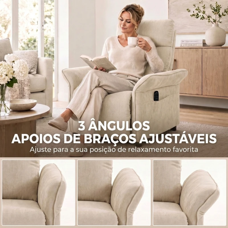 HOMCOM Poltrona de Massagem com Aquecimento, Reclinação Push-Back 135°, Apoio para Pés, Apoios de Braços Ajustáveis e 2 Bolsos, Bege