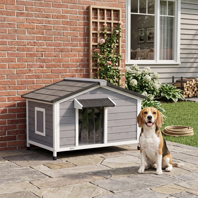PawHut Wooden Dog Kennel for Outside, for Medium Dogs, 72H x 109L x 79Wcm, Grey