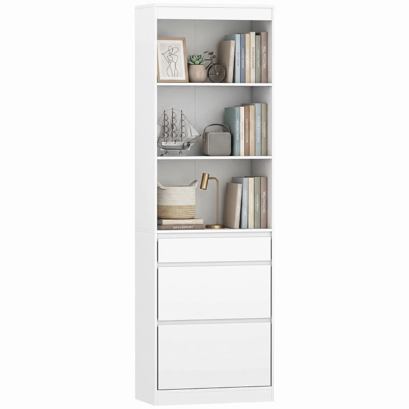 HOMCOM Hohes schmales Bücherregal 6 Ebenen mit 3 Schubladen 3 offenen Fächern 57x30x180 cm Weiß