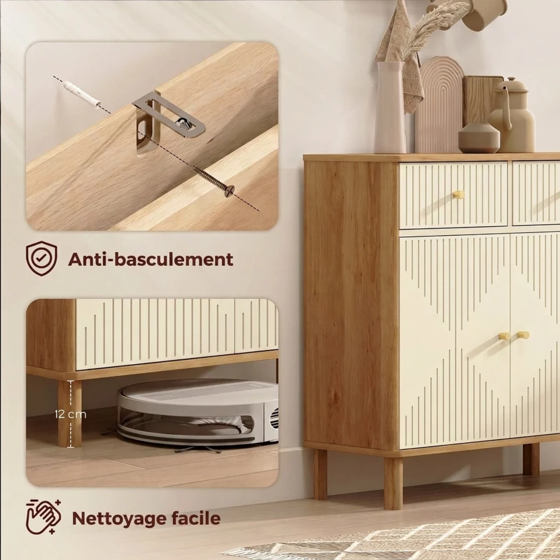 HOMCOM Buffet, meuble de rangement cannelé avec plateau effet chêne, 2 tiroirs, 2 portes, étagère réglable, 77x30x80cm, crème