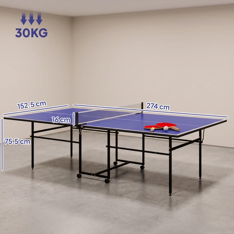 SPORTNOW 9FT Folding Table Tennis Table with Four Wheels, for Indoor Use, Blue