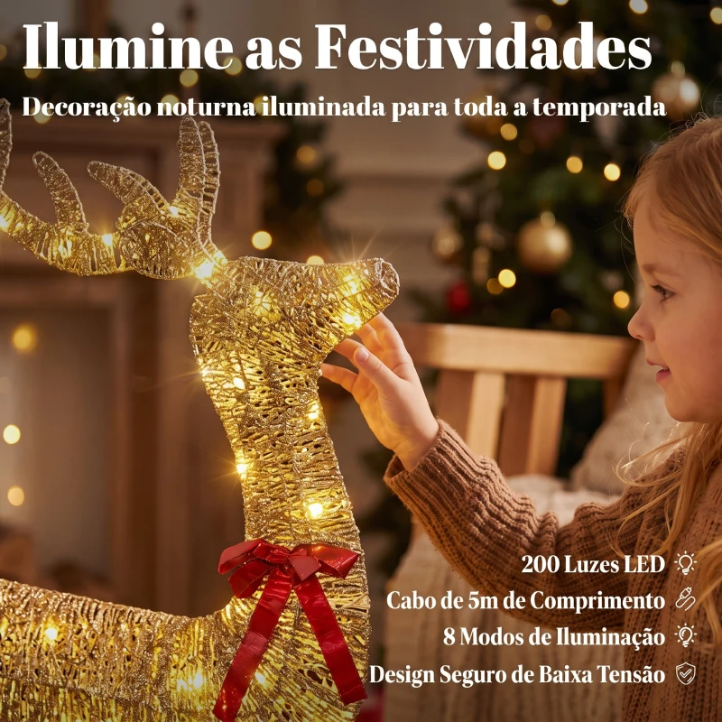 Outsunny Conjunto de 3 Peças com Renas de Natal Iluminadas, 200 LED Branco Quente, 8 Modos e Temporizador Diário