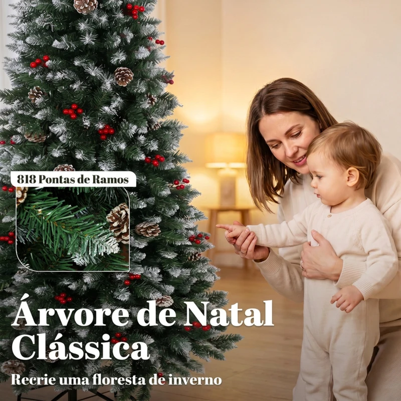 HOMCOM Árvore de Natal Nevada Tipo Lápis 210 cm Estreita com Bagas Vermelhas, Pinhas e 818 Pontas Verde