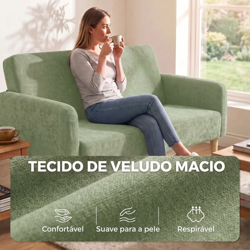 HOMCOM Sofá de 2 Lugares 160 cm em Veludo com Acolchoamento Espesso Assento Largo e Pés em Madeira de Seringueira Verde